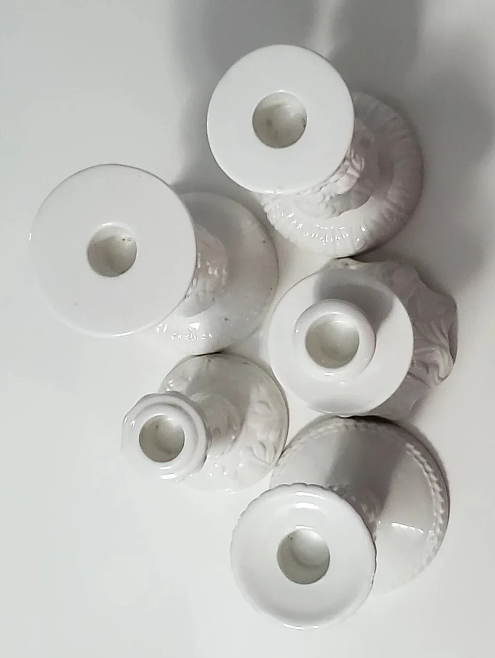 5 Pc Set White Various Design Ceramic Taper Candle Holders Varying Sizes